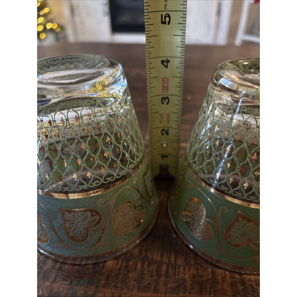 2 Vintage CULVER TOLEDO Tumbler Lowball Glasses Green Gold Scrolls Filigree 4” - Picture 4 of 4